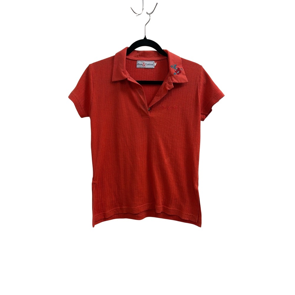 Polo Shirt Cherry Embroidery Coquette Bran & Cotton Women Small Red Ribbed Knit
